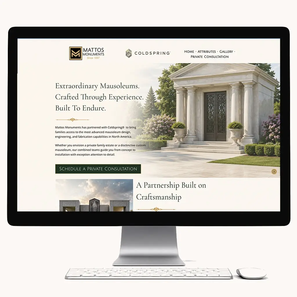 photo of a desktop computer with a great looking Cemetery website in the browser
